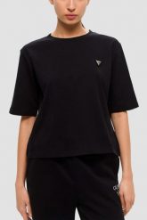 GUESS Czarny bawełniany t-shirt damski Colette Boxy, Rozmiar L. Czarne t-shirty Guess, l, z aplikacjami, z bawełny, eleganckie, bez kołnierzyka, bez ramiączek. Za 189.99 zł.