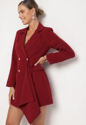 Bordowa Taliowana Sukienka o Kroju Marynarki z Mini Trenem Besista. Czerwone sukienki Born2be, m, z aplikacjami, eleganckie, bez kołnierzyka, bez ramiączek, mini. W wyprzedaży za 135.99 zł.