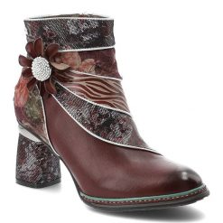 Botki damskie Laura Vita, skórzane na słupku bogato zdobione z kwiatem z okrągłym noskiem, wine, Kinoao-13. Czerwone botki LAURA VITA, z aplikacjami, ze skóry, z okrągłym noskiem, bez obcasa, na obcasie, bez zapięcia. Za 459.00 zł.