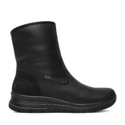 Botki Rieker. Czarne botki Rieker, bez wzorów, bez obcasa, na płaskiej podeszwie, bez zapięcia. Za 389.99 zł.