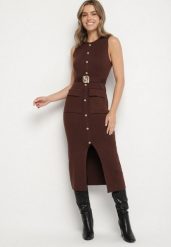 Brązowa Elegancka Sukienka Ołówkowa z Dzianiny z Wiskozą z Guzikami i Paskiem Ezerria. Brązowe sukienki Born2be, do pracy, bez wzorów, z dzianiny, biznesowe, bez kołnierzyka, bez ramiączek, midi, dopasowane. Za 149.99 zł.
