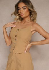 Ciemnobeżowy Top Zapinany na Guziki z Bawełną na Cienkich Ramiączkach Divilna. Brązowe topy Renee, l, bez wzorów, z bawełny, eleganckie, bez kołnierzyka, bez ramiączek. W wyprzedaży za 75.99 zł.