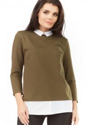 Bluzka Model A208 Khaki - awama. Brązowe bluzki Awama, xxl, bez wzorów, z bawełny, eleganckie, bez kołnierzyka, bez ramiączek. Za 167.03 zł.