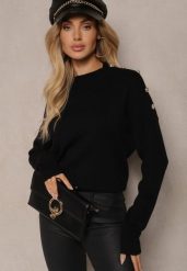 Czarny Sweter z Półgolfem Wiskozą i Modalem Ozdobiona Guzikami Emmitana. Czarne swetry Renee, m, bez wzorów, z jeansu, casualowe, bez ramiączek. W wyprzedaży za 63.99 zł.