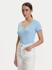 Tommy Jeans T-Shirt DW0DW17385 Niebieski jasny Slim Fit. Niebieskie t-shirty Tommy Jeans, xs, bez wzorów, z bawełny, bez kołnierzyka, bez ramiączek. Za 149.99 zł.
