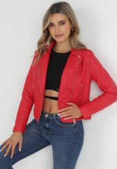 Czerwona Kurtka Ramoneska z Suwakami i Ozdobnymi Paskami Heslo. Czerwone kurtki Born2be, s, bez wzorów, bez kaptura. W wyprzedaży za 69.99 zł.
