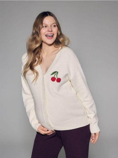 Kardigan z wełną - złamana biel. Swetry Reserved, l, bez wzorów, z bawełny, bez ramiączek. Za 259.99 zł.