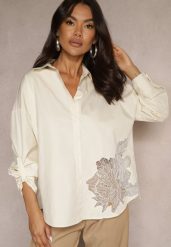 Ciemnobeżowa Koszula z Bawełny Ozdobiona Ażurową Wstawką Donivessa. Brązowe koszule Renee, l, w ażurowe wzory, z bawełny, eleganckie, bez kołnierzyka, bez ramiączek. W wyprzedaży za 63.99 zł.