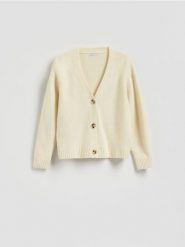 Wełniany kardigan - jasnożółty. Żółte swetry Reserved, l, bez wzorów, z wełny, bez ramiączek. Za 199.99 zł.