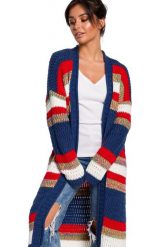 Długi sweter w kolorowe pasy kardigan narzutka z modnym splotem. Swetry Sukienki.shop, l, bez wzorów, z jeansu, eleganckie, bez ramiączek. Za 309.00 zł.