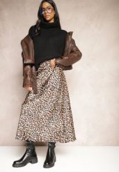 Brązowa Spódnica High Waist ze Zwierzęcym Printem i Gumką w Talii Dimella. Brązowe spódnice Renee, m, bez wzorów, z wiskozy, eleganckie, midi, dopasowane. W wyprzedaży za 67.99 zł.