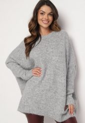 Jasnoszary Klasyczny Sweter o Kroju Oversize Zallelia. Szare swetry Born2be, na jesień, bez wzorów, z wełny, biznesowe, bez ramiączek. W wyprzedaży za 135.99 zł.