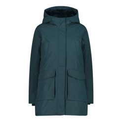 Parka damska z kapturem CMP. Zielone kurtki przeciwdeszczowe CMP, bez wzorów, z kapturem. W wyprzedaży za 623.50 zł.