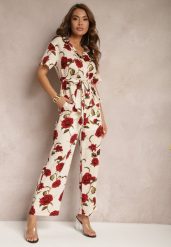 Beżowo-Bordowe Szerokie Spodnie w Kwiatowy Print z Kieszonkami Pomgranata. Brązowe jeansy Renee, na lato, l, bez wzorów, z jeansu. W wyprzedaży za 68.99 zł.