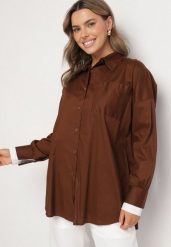 Brązowa Klasyczna Koszula z Bawełny o Kroju Oversize Ronavelle. Brązowe koszule Born2be, uniwersalny, bez wzorów, z bawełny, biznesowe, bez kołnierzyka, bez ramiączek. W wyprzedaży za 93.49 zł.