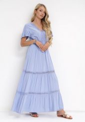 Jasnoniebieska Sukienka Maxi z Gumką w Talii i Koronkowymi Lamówkami Kelbie. Niebieskie sukienki Born2be, l, z aplikacjami, z koronki, bez kołnierzyka, bez ramiączek, maxi, rozkloszowane. Za 99.99 zł.
