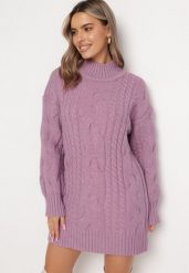 Fioletowy Luźny Sweter w Warkoczykowy Splot Sentlia. Fioletowe swetry Born2be, bez wzorów, ze splotem, bez ramiączek. W wyprzedaży za 135.99 zł.