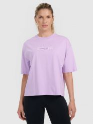 4F T-shirt oversize z nadrukiem damski - fioletowy M. Fioletowe t-shirty 4f, m, bez wzorów, bez kołnierzyka, bez ramiączek. Za 59.99 zł.
