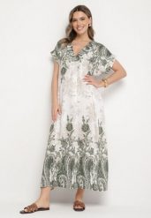 Zielona Sukienka z Lnem o Pudełkowym Kroju w Kwiatowy Wzór Feveleine. Zielone sukienki Born2be, l, z aplikacjami, z materiału, eleganckie, bez kołnierzyka, bez ramiączek, maxi. W wyprzedaży za 63.74 zł.