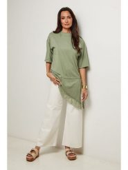 Le Monde du Lin Tunika w kolorze zielonym rozmiar: 34/36. Zielone tuniki Le Monde du Lin, bez wzorów, z bawełny, z asymetrycznym kołnierzem, bez ramiączek. Za 100.99 zł.