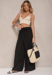 Czarne Bawełniane Spodnie o Szerokim Kroju High Waist Ściągane Troczkiem Virselia. Czarne jeansy Renee, l, bez wzorów, z bawełny, eleganckie, z podwyższonym stanem. W wyprzedaży za 62.99 zł.