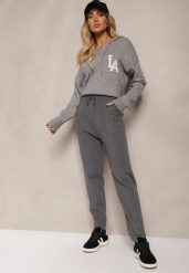 Ciemnoszare Spodnie z Bawełną High Waist Ozdobione Sznurkiem Venaline. Szare jeansy Renee, bez wzorów, z bawełny, klasyczne, z podwyższonym stanem. W wyprzedaży za 55.99 zł.