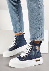 Granatowe Trampki na Grubej Podeszwie z Cholewką za Kostkę z Brokatem Elaniella. Niebieskie trampki Born2be, z aplikacjami, z jeansu, sportowe, za kostkę, bez zapięcia. W wyprzedaży za 101.99 zł.