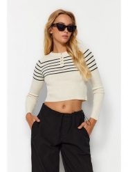 Trendyol Sweter w kolorze kremowo-granatowym rozmiar: S/M. Brązowe swetry Trendyol, m, bez wzorów, ze splotem, bez ramiączek. Za 30.42 zł.