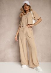 Beżowy Komplet Spodnie o Szerokim Kroju i Koszula na Krótki Rękaw Tultebis. Brązowe koszule Renee, l, bez wzorów, eleganckie, bez kołnierzyka, bez ramiączek. W wyprzedaży za 62.99 zł.