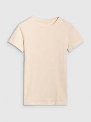 4F T-shirt slim gładki damski - beżowy L. Brązowe t-shirty 4f, l, bez wzorów, z bawełny, klasyczne, bez kołnierzyka, bez ramiączek. Za 39.99 zł.