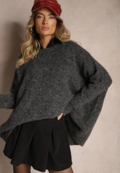 Ciemnoszary Casualowy Sweter Oversize Allethia. Szare swetry Renee, bez wzorów, biznesowe, bez ramiączek. W wyprzedaży za 127.99 zł.