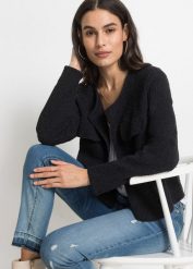 Sweter rozpinany z przędzy boucle. Czarne swetry bonprix, bez wzorów, eleganckie, bez ramiączek. Za 159.99 zł.