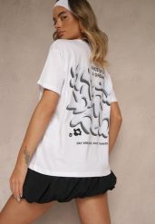 Biało-Niebieski T-shirt z Bawełny Ozdobiony Nadrukiem Adneria. Białe t-shirty Renee, l, bez wzorów, z bawełny, bez kołnierzyka, bez ramiączek. W wyprzedaży za 51.99 zł.