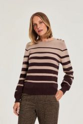 Sweter w paski beżowy. Brązowe swetry MOODO, l, bez wzorów, z poliamidu, bez ramiączek. Za 119.99 zł.