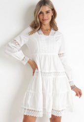Biała Sukienka Mini z Koronkowymi Wstawkami i Rozkloszowanym Dołem Femona. Białe sukienki Born2be, na co dzień, m, bez wzorów, z koronki, bez kołnierzyka, bez ramiączek, mini, proste. W wyprzedaży za 202.49 zł.