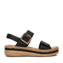 Sandały Rieker. Czarne sandały Rieker, bez wzorów, bez obcasa, na płaskiej podeszwie, bez zapięcia. Za 349.99 zł.