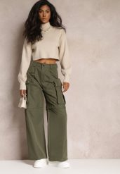 Zielone Szerokie Spodnie High Waist w Stylu Cargo Vomisal. Zielone jeansy Renee, na zimę, l, bez wzorów, z jeansu, z podwyższonym stanem. W wyprzedaży za 103.99 zł.