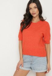 Pomarańczowy Sweter z Wełną i Krótkim Rękawem Turosa. Brązowe swetry Born2be, bez wzorów, z jeansu, eleganckie, bez ramiączek. W wyprzedaży za 101.99 zł.