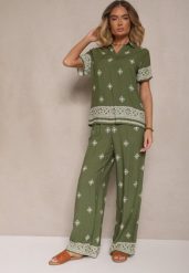 Zielony Wiskozowy Komplet Bluzka z Kołnierzykiem i Spodnie o Szerokim Kroju Janovaria. Zielone bluzki Renee, m, z aplikacjami, z wiskozy, eleganckie, bez kołnierzyka, bez ramiączek. W wyprzedaży za 95.99 zł.