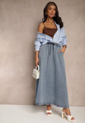 Niebieska Rozkloszowana Spódnica z Bawełny Ozdobiona Wiązaniem Canilra. Niebieskie spódnice Renee, na spotkanie biznesowe, m, bez wzorów, z bawełny, eleganckie, maxi, rozkloszowane. W wyprzedaży za 95.99 zł.