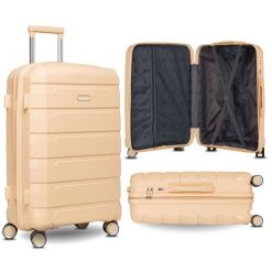 Beżowa, mała walizka kabinowa z polipropylenu z wysuwaną, teleskopową rączką Peterson Beżowa listonoszka damska ze skóry ekologicznej zamykana suwakie. Brązowe walizki Peterson, małe. Za 117.99 zł.