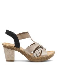 Rieker Sandały 665K3-60 Beżowy. Brązowe sandały Rieker, bez wzorów, ze skóry, bez obcasa, na słupku, bez zapięcia. Za 299.99 zł.