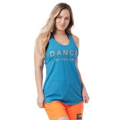 Koszulka fitness damska na ramiączkach Zumba. Niebieskie t-shirty sportowe ZUMBA WEAR, xs, bez wzorów, z bawełny, bez ramiączek, na fitness i siłownię. W wyprzedaży za 64.00 zł.