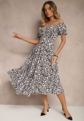 Czarna Rozkloszowana Sukienka w Kwiatowy Print z Bawełną i Dekoltem Łódką z Bufkami Saniren. Czarne sukienki Renee, l, bez wzorów, z bawełny, eleganckie, bez kołnierzyka, bez ramiączek, midi, rozkloszowane. W wyprzedaży za 69.99 zł.