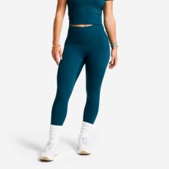 Legginsy sportowe damskie Domyos wysoki stan. Niebieskie legginsy DOMYOS, bez wzorów, z lycry, sportowe, długie. Za 119.99 zł.