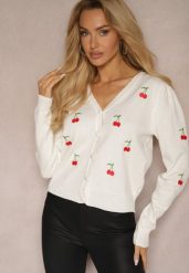 Biały Kardigan Ozdobiony Haftem w Kształcie Wisienek Nirinia. Białe swetry Renee, s, bez wzorów, z jeansu, eleganckie, bez ramiączek. W wyprzedaży za 111.99 zł.