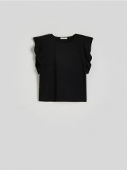 Bluzka z ozdobnymi rękawami - czarny. Czarne bluzki Reserved, l, bez wzorów, z bawełny, bez kołnierzyka, bez ramiączek. W wyprzedaży za 29.99 zł.