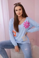 Bluzka sweterkowa z kwiatowym wzorem niebieska. Niebieskie bluzki KESI, l, bez wzorów, z jeansu, eleganckie, bez kołnierzyka, plus size, bez ramiączek. Za 271.84 zł.