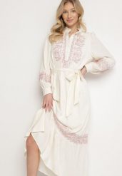 Jasnobeżowa Rozkloszowana Sukienka z Wiskozy w Stylu Boho ze Stójką i Haftem Kolionisea. Brązowe sukienki Born2be, na co dzień, m, bez wzorów, z wiskozy, boho, bez kołnierzyka, bez ramiączek, maxi, kopertowe. W wyprzedaży za 237.99 zł.