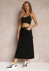 Czarna Spódnica Jeansowa Midi Typu Cargo z Kieszeniami Dyleta. Czarne spódnice Renee, m, bez wzorów, z jeansu, maxi, trapezowe. W wyprzedaży za 111.99 zł.